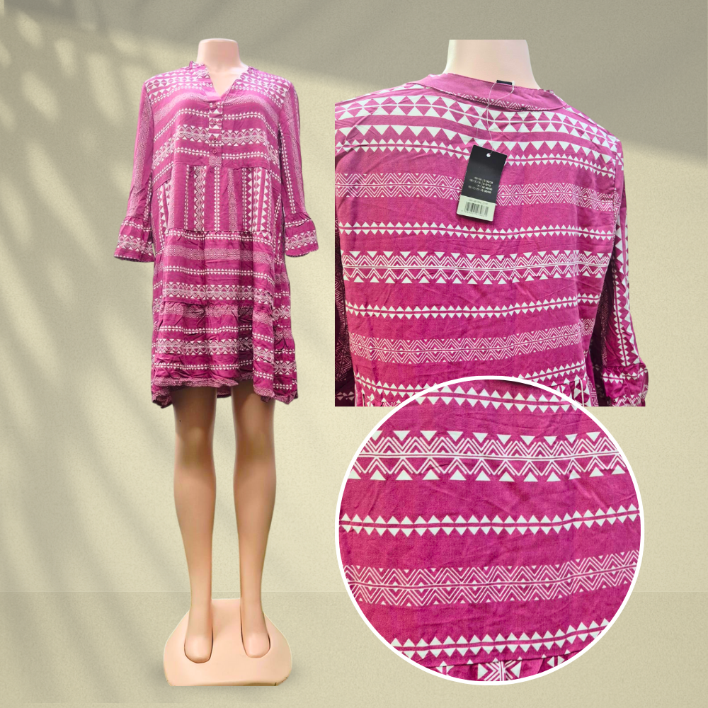 Pink and white patterned dress on a mannequin with close-up of fabric texture.